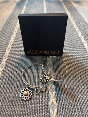 Alex and Ani Silver and Gold Sunflower Charm Bangle Set. NIB.